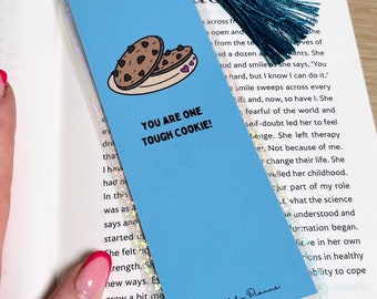 Blue Motivational Tough Cookie Bookmark. Handmade laminated sparkly bookmark with option to add a tassel. Lovely small gift, birthday