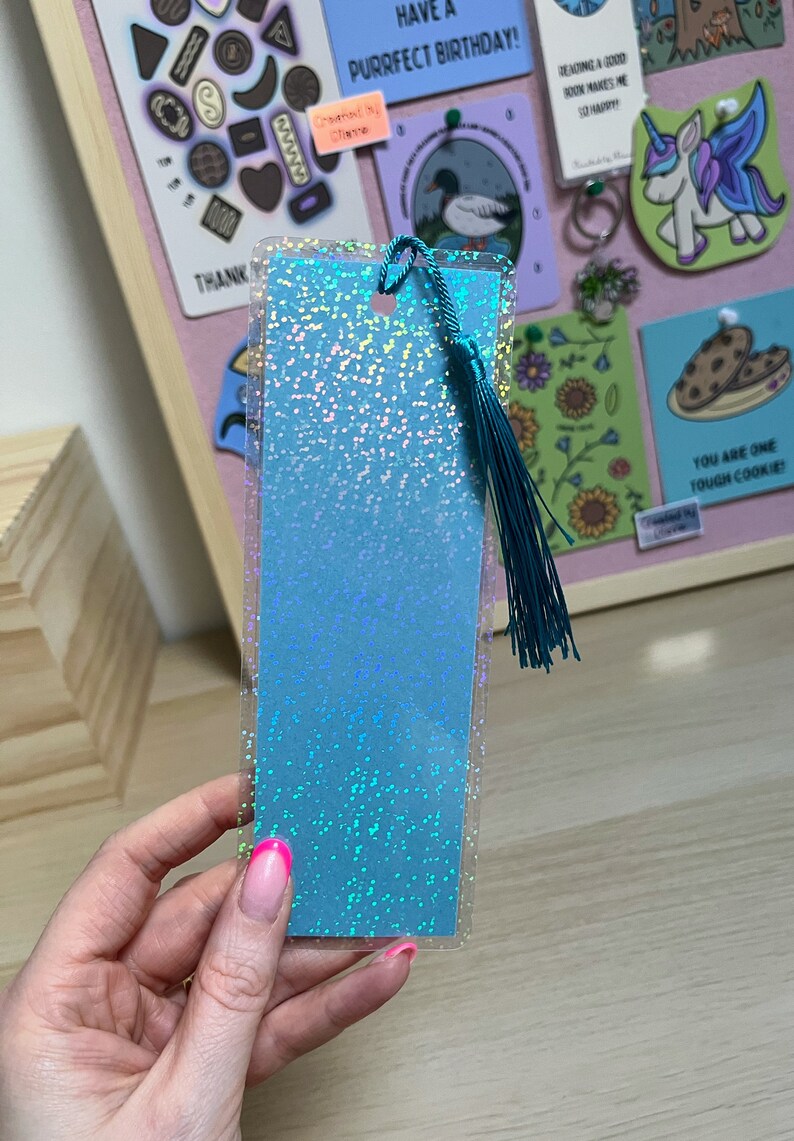 Blue Motivational Tough Cookie Bookmark. Handmade laminated sparkly bookmark with option to add a tassel. Lovely small gift, birthday image 4