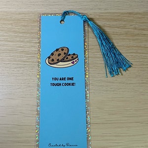 Blue Motivational Tough Cookie Bookmark. Handmade laminated sparkly bookmark with option to add a tassel. Lovely small gift, birthday image 3