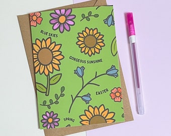 Really Bright and Colourful Spring Easter Floral Greetings Card. Green, blue, pink and Yellow floral card for Easter. card size 5x7