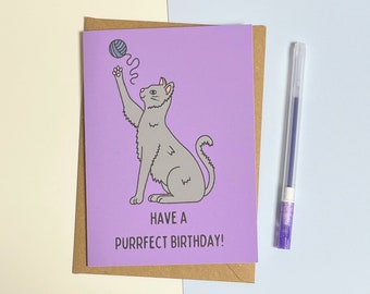 Grey Cat Birthday Card. Purrfect for cat lovers. Playful cat birthday card in a bright and colourful design. Homemade 5x7  or A6 card