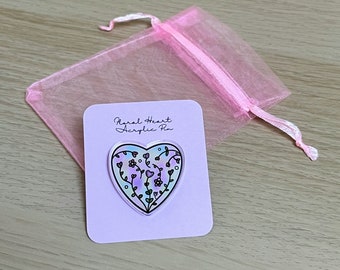 Floral Heart Acrylic Pin, cute and colourful pin ideal for small gift, Birthday, Christmas, stocking filler.