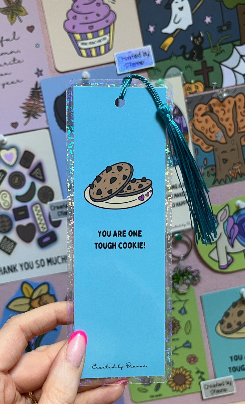 Blue Motivational Tough Cookie Bookmark. Handmade laminated sparkly bookmark with option to add a tassel. Lovely small gift, birthday image 2