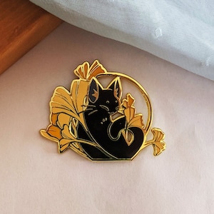 Ginkgo Cat Hard Enamel Pin | Gold | Gift for Cat Lovers | Black Cat | White Cat | Peaceful | Accessories
