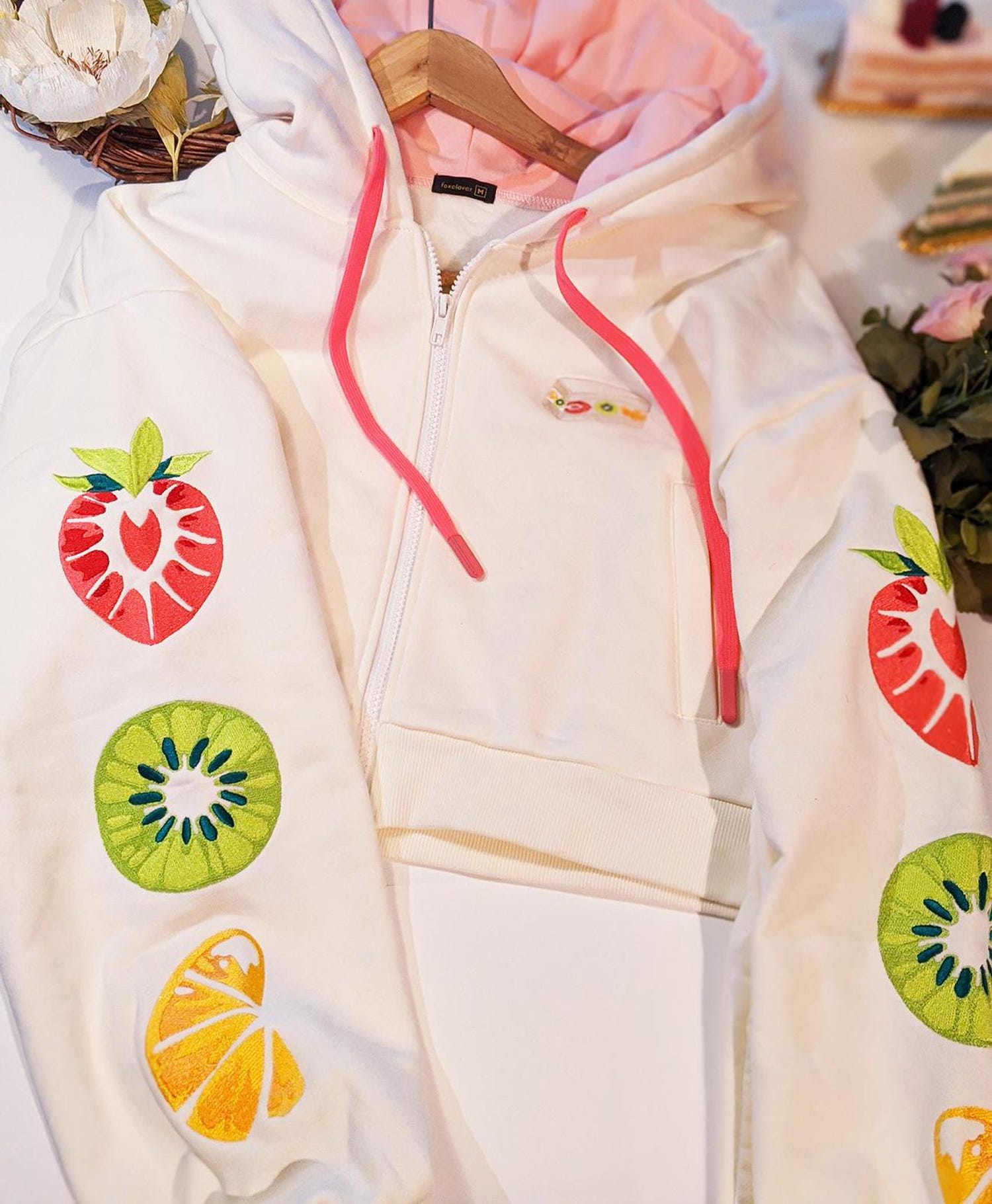 Fruit Sandwich Embroidered Cropped Hoodie - Kawaii Pink Hoodie, Design on Sleeves - Cute, Japanese culture
