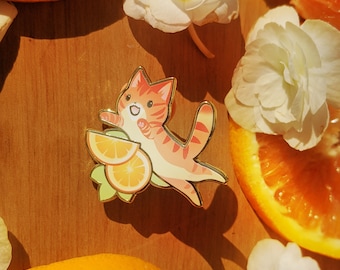 Broche de esmalte com fatias de laranja e gato ruivo | Presente para amantes de gatos | gato ruivo | Colecionador de broches | fofo, peludo, acessório, joia