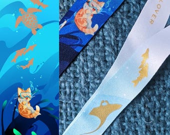 Ocean Diver Cat Lanyard - Turtle Shark Manta Fish Jellyfish Squid Lovers