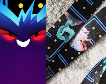 May include: A split image featuring a purple cartoon character with red eyes and a white smile, and black lanyards with colorful cartoon creature designs. The lanyards have a black background with yellow dots and blue square borders.