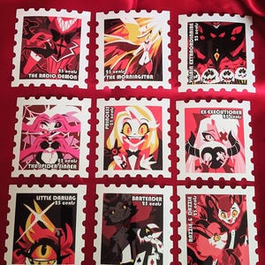 May include: Nine colourful postage stamps featuring characters from the animated series "Hazbin Hotel". Each stamp features a different character and includes their name and the price "25 cents".
