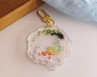 Okami-Amaterasu sleutelhanger | wolf | Japanse godin | bloemen | vuur | cadeau voor otaku's