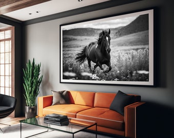 Horse running black and white photography, Running Horses Printable, Black and White Animal Photography, black and white horse photography,