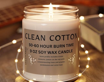 Candela di cotone pulito — Candela di soia da 9 once, profumo di lino fresco e pulito, durata di combustione 50-60 ore, candela regalo per aromaterapia