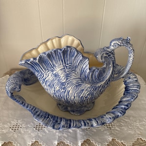 Vintage Blue and White Nautilus Seashell Wash Basin and Pitcher Set with Ornate Serpent Handle, Coastal Decor