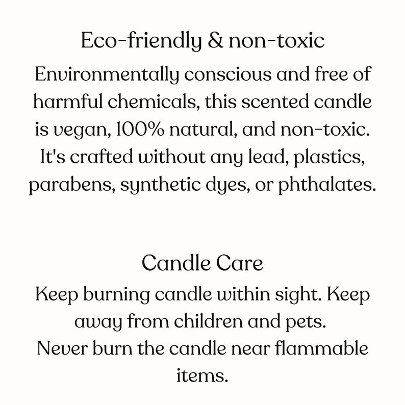Pu&ograve; includere: Testo su sfondo bianco che descrive una candela profumata ecologica e non tossica. La candela &egrave; vegana, 100% naturale ed &egrave; priva di piombo, plastica, parabeni, coloranti sintetici e ftalati. Il testo include anche istruzioni per la cura della candela.