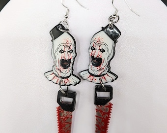 Terrifier Art the Clown Dangle Earrings with Bloody Saws - Acrylic Horror Jewelry