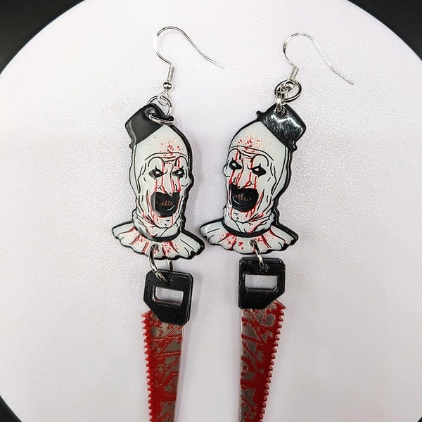 Terrifier Art the Clown Dangle Earrings with Bloody Saws - Acrylic Horror Jewelry