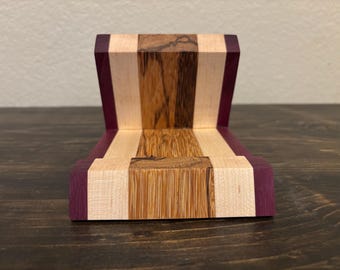 Handmade Wooden Phone/Tablet Stand – Multicolor Exotic Hardwood Dock, Stylish Desk Accessory, Purpleheart, Maple and Zebrawood