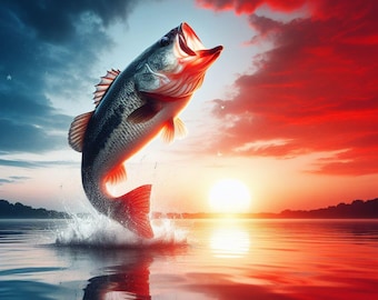 Patriotic Bass Jumping Print – Red White & Blue Fishing Wall Art, Lake Sunset Digital Download, American Outdoorsman Decor