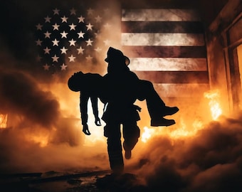 Heroic Firefighter Rescue Print – American Flag Fire Scene Wall Art, Patriotic First Responder Tribute, Instant Download