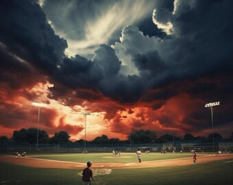 Dramatic Baseball Storm Print – Youth Sports Field Under Epic Sky, Sunset Lightning Clouds Art, Perfect Gift for Baseball Fans & Coaches