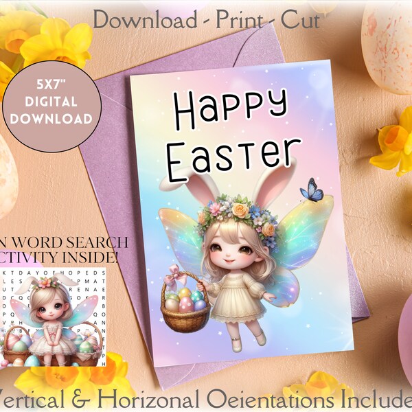 Pastel Rainbow Easter Fairy Easter Card with Easter Word Search for kids Easter Activity Card w Inside Greeting for Girls Digital Download