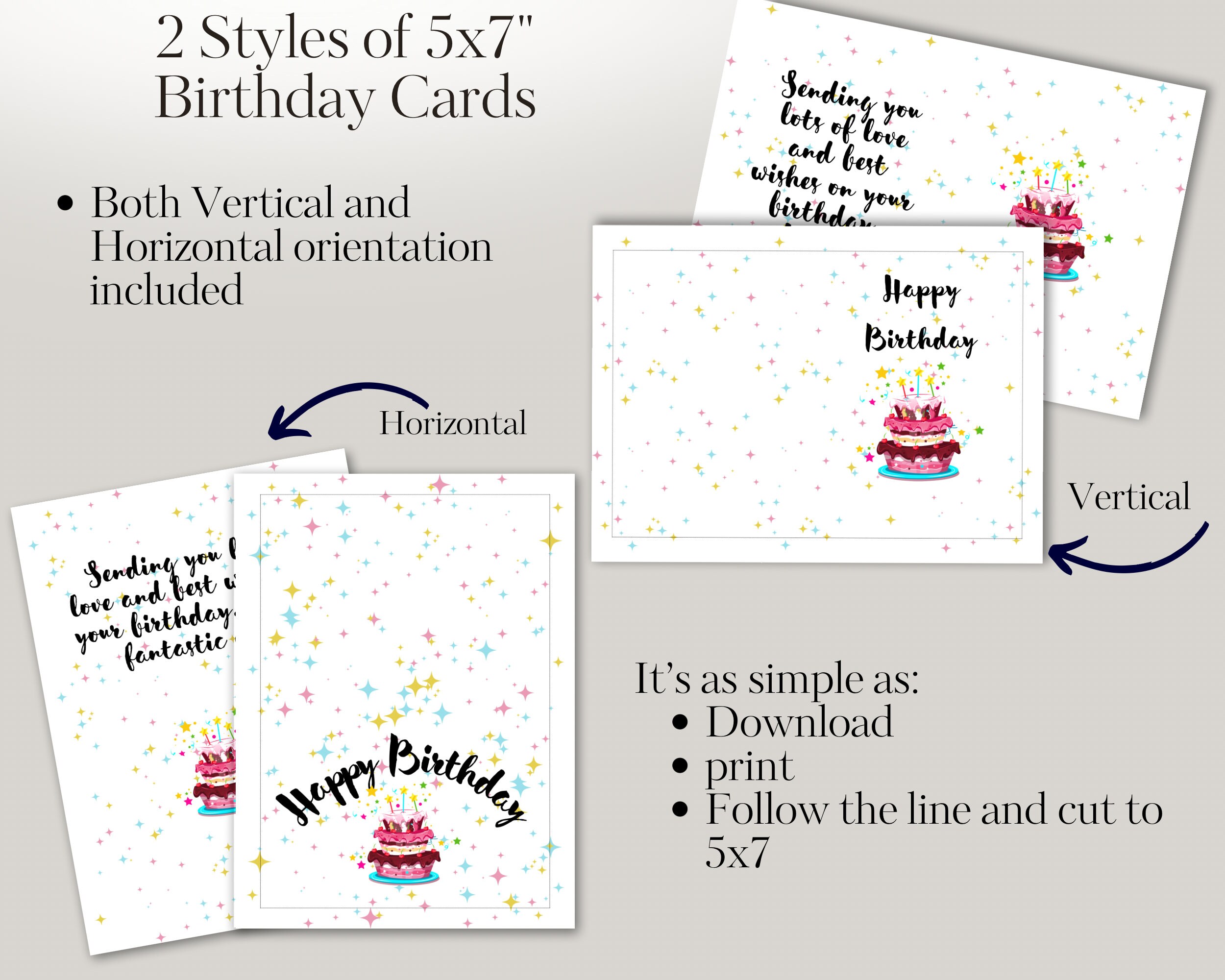 Birthday Cake and Stars Printable Happy Birthday Greeting Card 5x7 ...