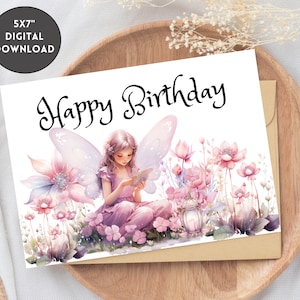 Roze Dreamland Fairy verjaardagskaart digitale download Fairy wenskaart afdrukbare verjaardagskaart DIY verjaardagskaart voor meisjes Pastel verjaardag