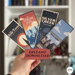 Stephen King utskrivbart bokmärkesset, retro reseaffischbokmärken för The Shining, Misery, Shawshank och Dark Tower