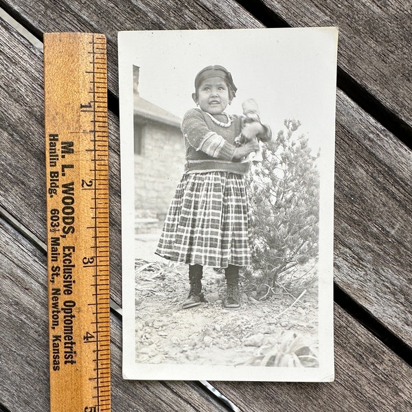 Native American Toddler Girl with Doll/ Original black and White Photograph