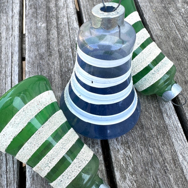 3 Vintage Blue Green Unsilvered Opaque Striped Bell Ornaments/ Christmas/ USA/ Shiny Bright