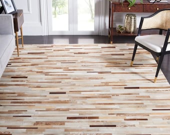 Handmade Cowhide Patchwork Area Rug, Tan & White Leather ZR 62