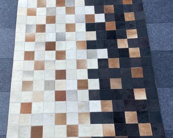 Handmade Cowhide Patchwork Area Rug - Ivory, White, and Brown ZR 75