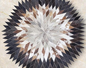 Handmade Cowhide Patchwork Round Rug: White & Brown Leather Area Rug