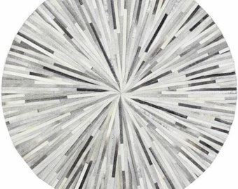Handmade Cowhide Patchwork Round Rug, White Grey Leather Area Rug ZR 21