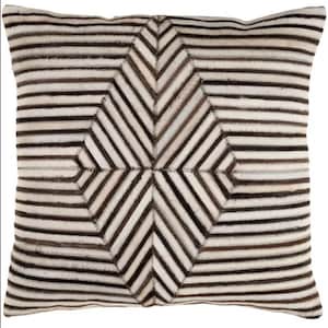 May include: A white and brown striped throw pillow with a geometric pattern in the center.