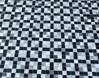 Handmade Cowhide Patchwork Area Rug, Black Grey Tone ZR 66