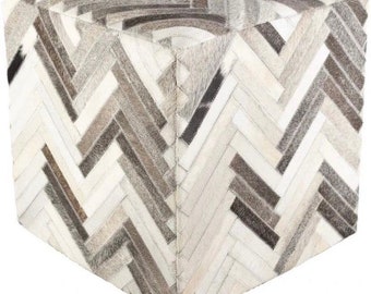 Handmade Cowhide Patchwork Ottoman, Gray & White Leather Footstool ZP 39