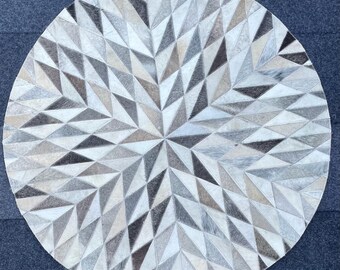 Handmade Cowhide Patchwork Round Rug: White, Black, and Grey ZR 06