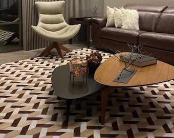 Handmade Cowhide Patchwork Area Rug: Brown  White Geometric LeatherZR 35
