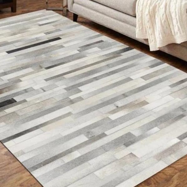 Fait main par la nouvelle collection en cuir de vachette patchwork blanc ton gris tapis décor à la maison cadeau conception livraison gratuite ZR-09