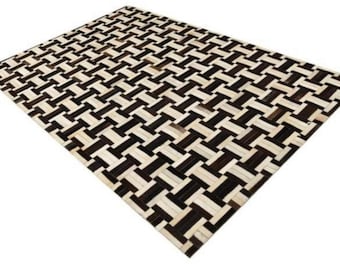 Tappeto patchwork in pelle bovina fatto a mano – Tappeto in pelle bianco e nero ZR 71