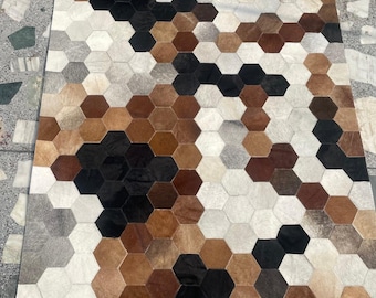 Handmade Cowhide Patchwork Area Rug - Geometric Leather Tile Design ZR-41