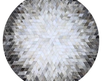 Handmade Cowhide Patchwork Round Rug: White Grey Leather Area Rug ZR 01