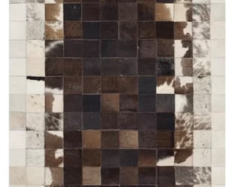 Handmade Cowhide Patchwork Area Rug: Brown & White Leather