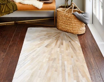 Patchwork Cowhide Area Rug, Tan & Ivory Leather Rug ZR-47