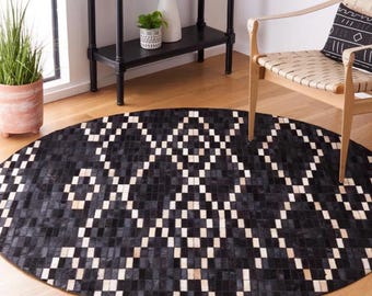Handmade Patchwork Cowhide Round Rug, White & Brown Leather Area RugZR48