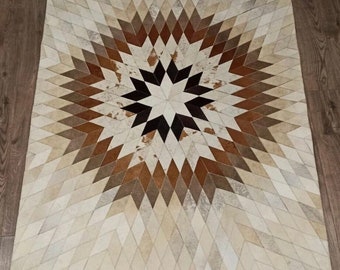 Handmade Cowhide Patchwork Area Rug - Brown & White Leather