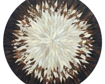 Handmade Cowhide Patchwork Round Rug, White & Brown Leather Area Rug