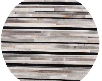 Handmade Cowhide Patchwork Round Rug - White Grey Tone Leather Area Rug ZR 23