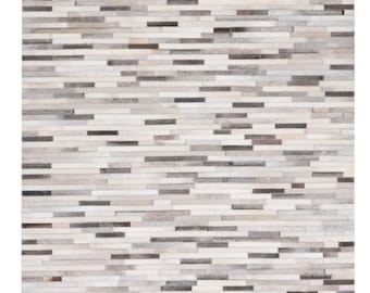 Handmade Cowhide Patchwork Rug, White & Grey Leather Area Rug